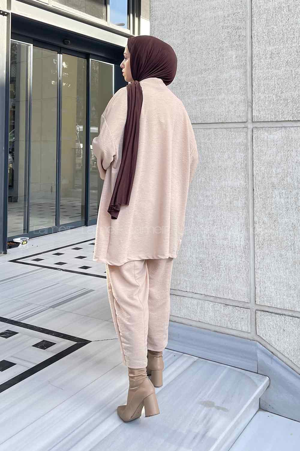 Cream Scarf Neck Long Arm Cotton Fabric Regular Trousers Carrot Pant Suit