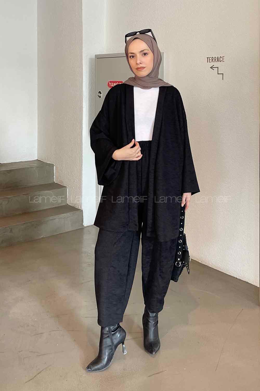 Black Scarf Neck Long Arm Cotton Fabric Regular Trousers Carrot Pant Suit