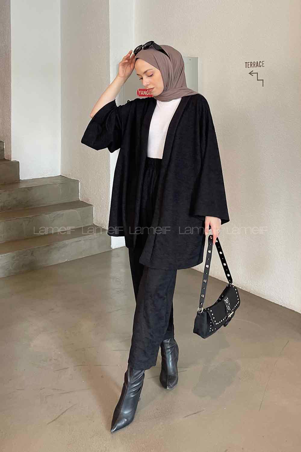 Black Scarf Neck Long Arm Cotton Fabric Regular Trousers Carrot Pant Suit