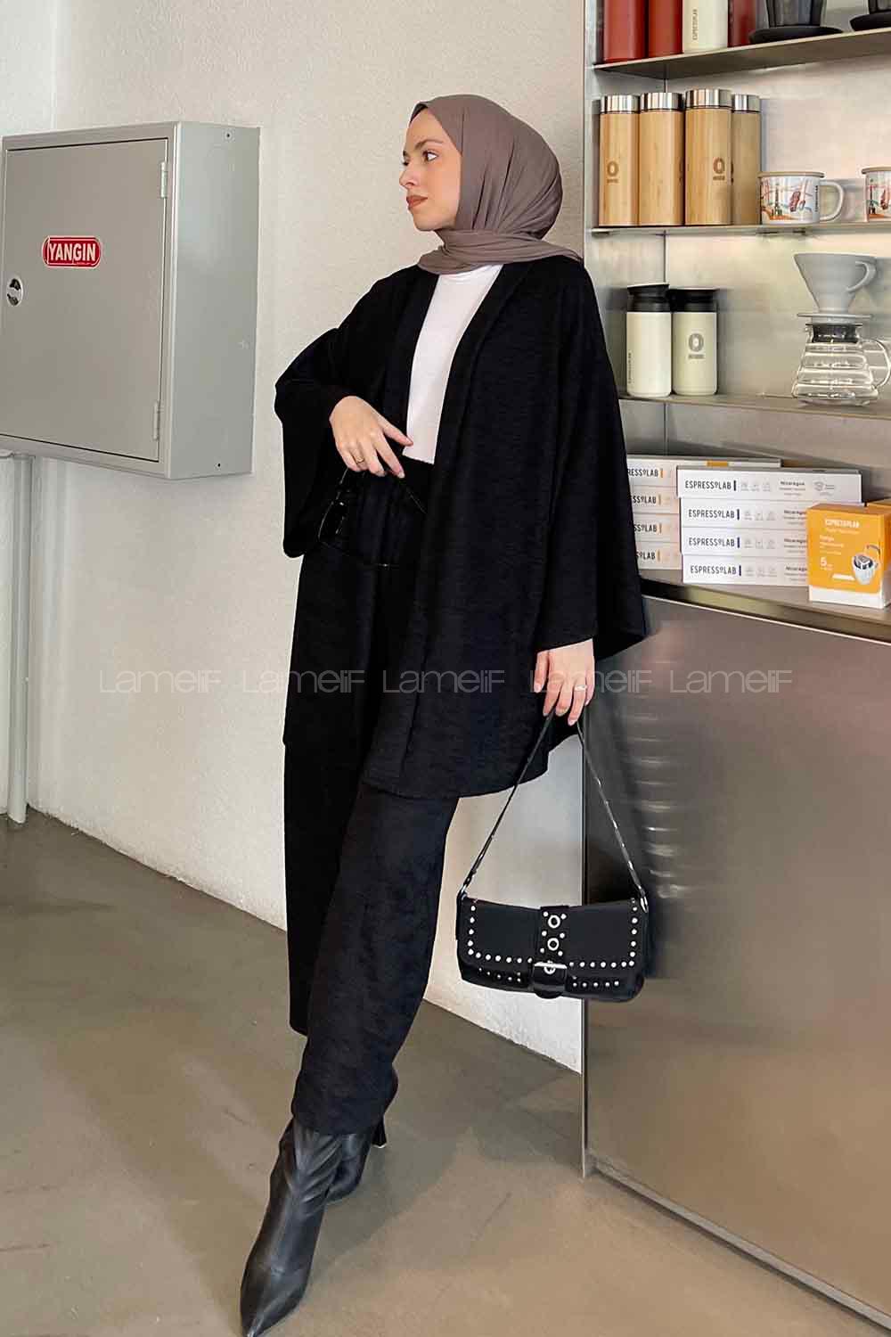 Black Scarf Neck Long Arm Cotton Fabric Regular Trousers Carrot Pant Suit