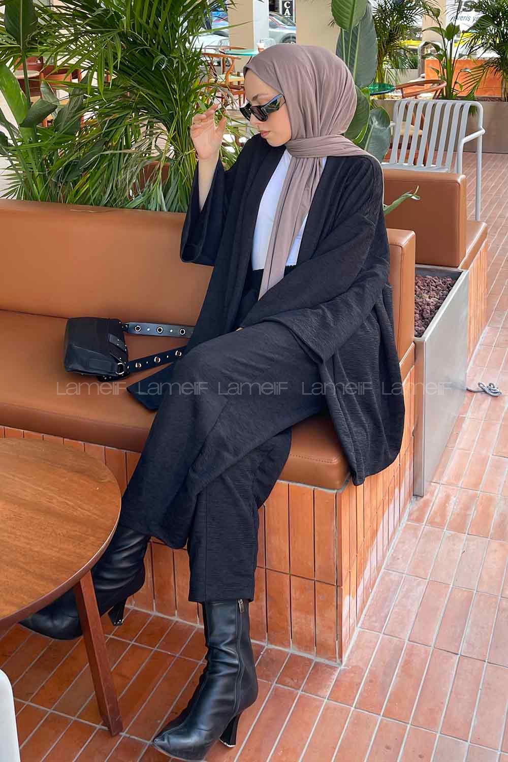 Black Scarf Neck Long Arm Cotton Fabric Regular Trousers Carrot Pant Suit