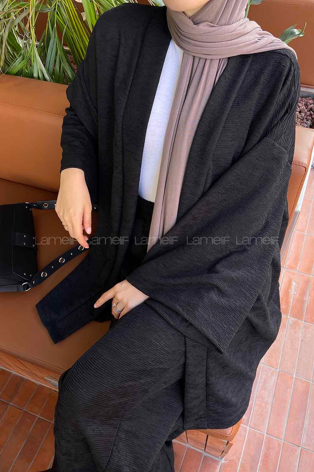 Black Scarf Neck Long Arm Cotton Fabric Regular Trousers Carrot Pant Suit