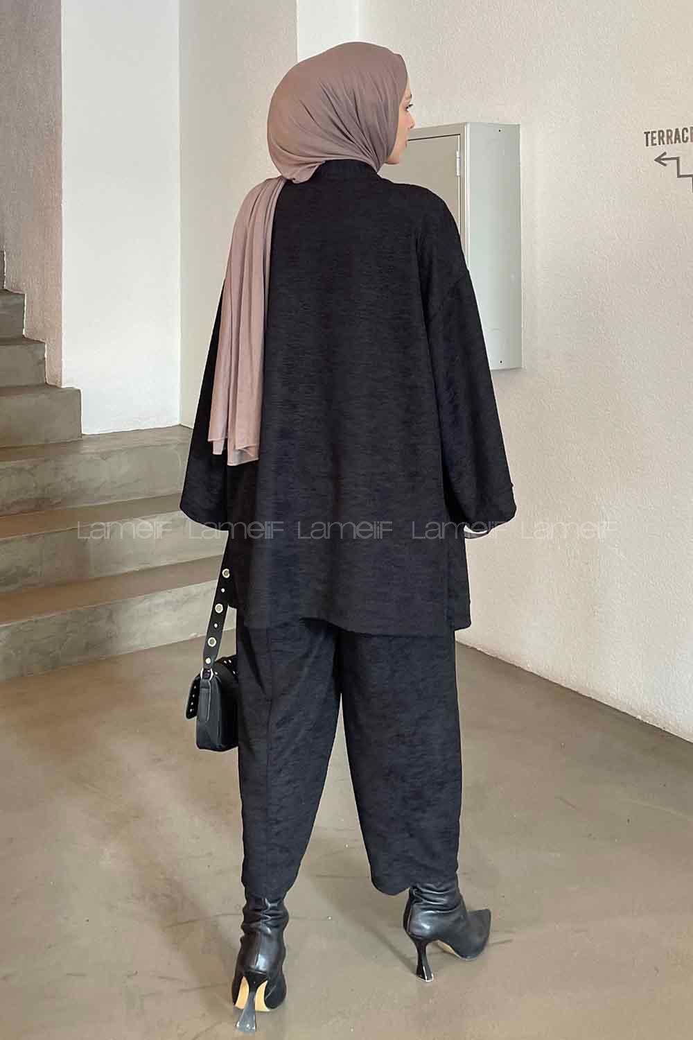 Black Scarf Neck Long Arm Cotton Fabric Regular Trousers Carrot Pant Suit