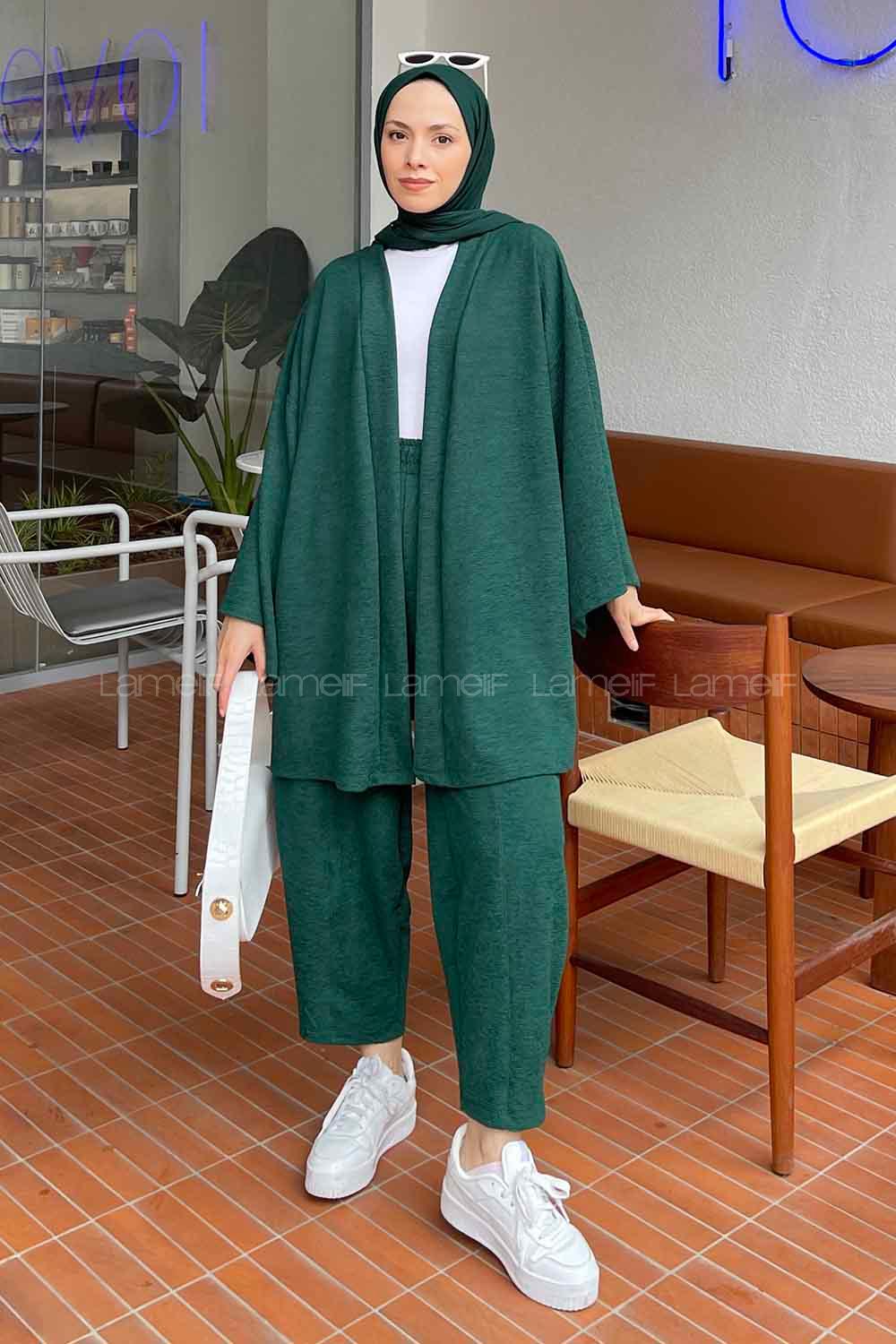 Emerald Green Scarf Neck Long Arm Cotton Fabric Regular Trousers Carrot Pant Suit