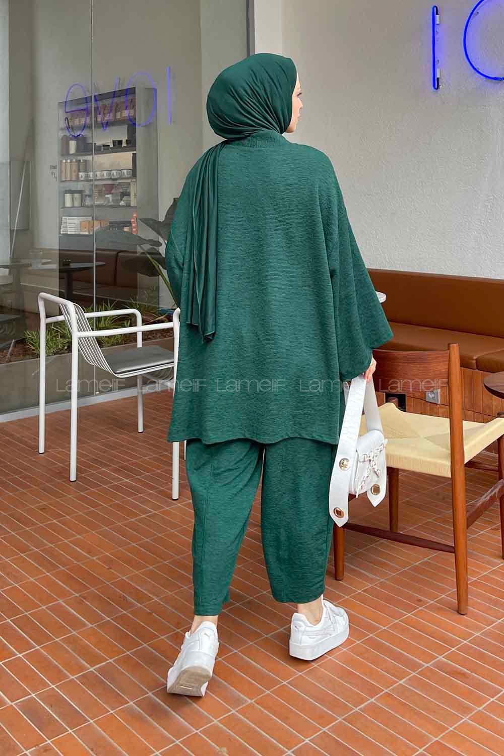 Emerald Green Scarf Neck Long Arm Cotton Fabric Regular Trousers Carrot Pant Suit