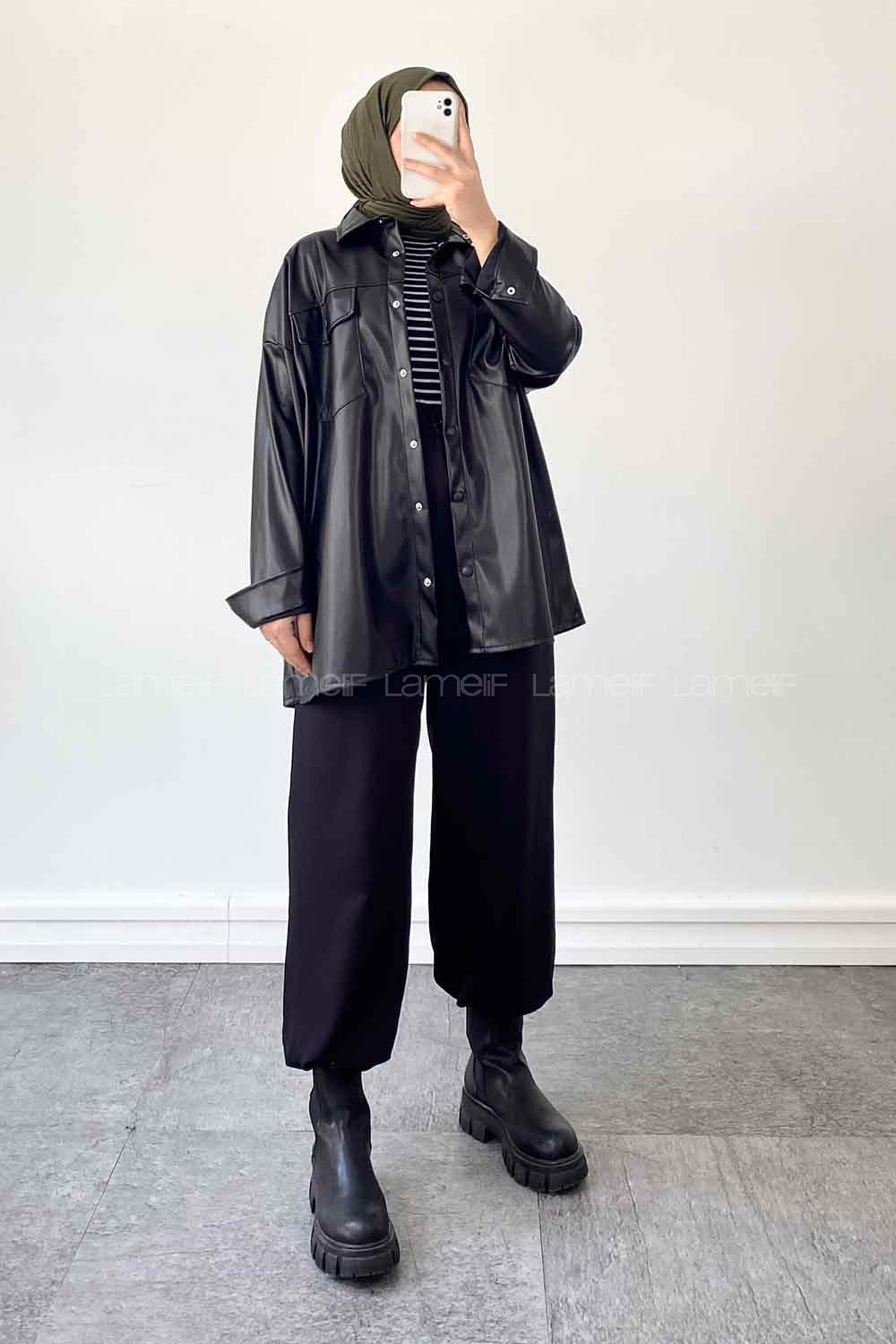 Black Shirt Collar Long Arm Faux Leather Unprinted Shirt