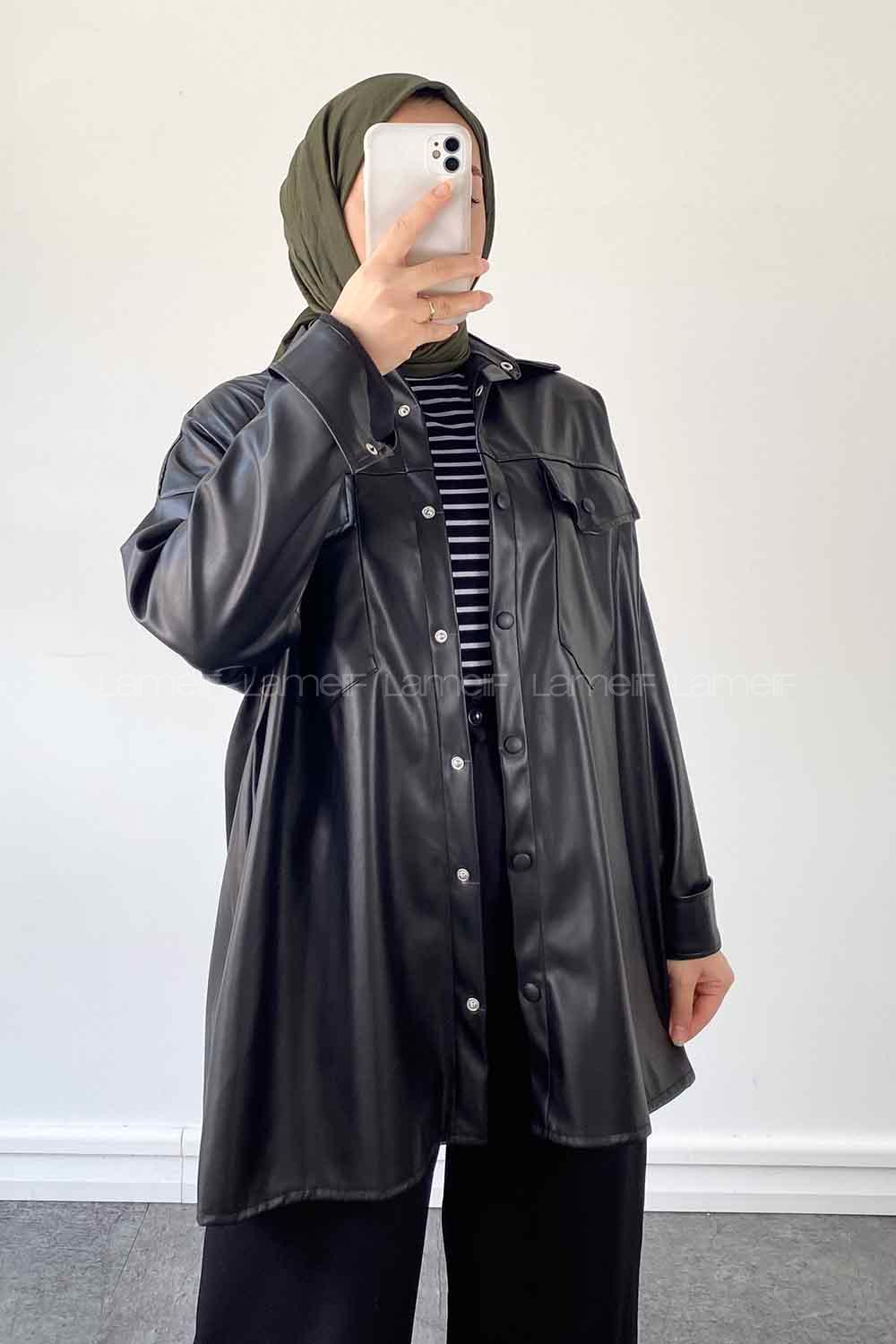 Black Shirt Collar Long Arm Faux Leather Unprinted Shirt