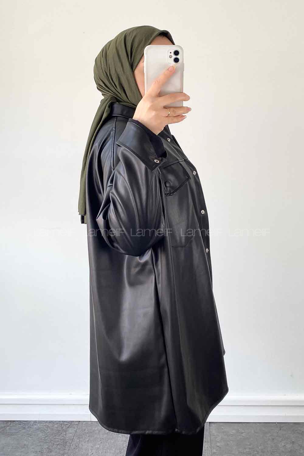 Black Shirt Collar Long Arm Faux Leather Unprinted Shirt