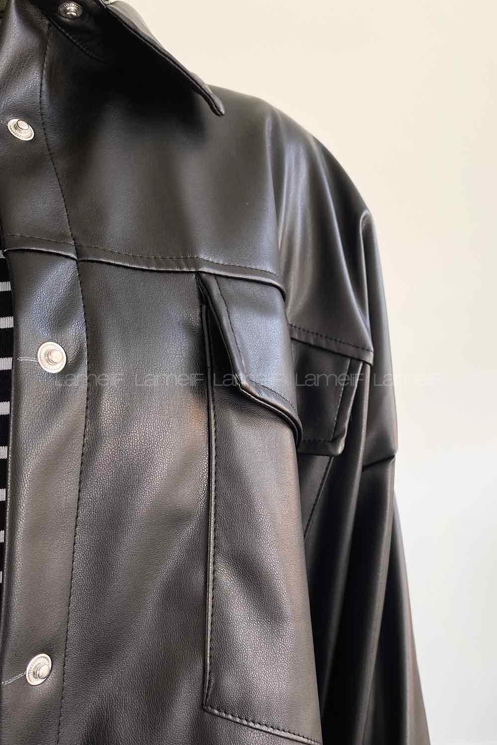 Black Shirt Collar Long Arm Faux Leather Unprinted Shirt