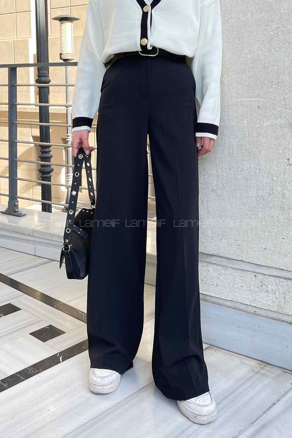 Lamelif Kemerli Palazzo Pantolon Siyah