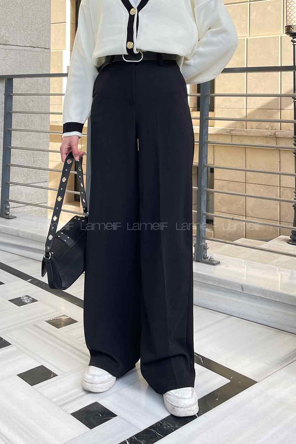 Lamelif Kemerli Palazzo Pantolon Siyah