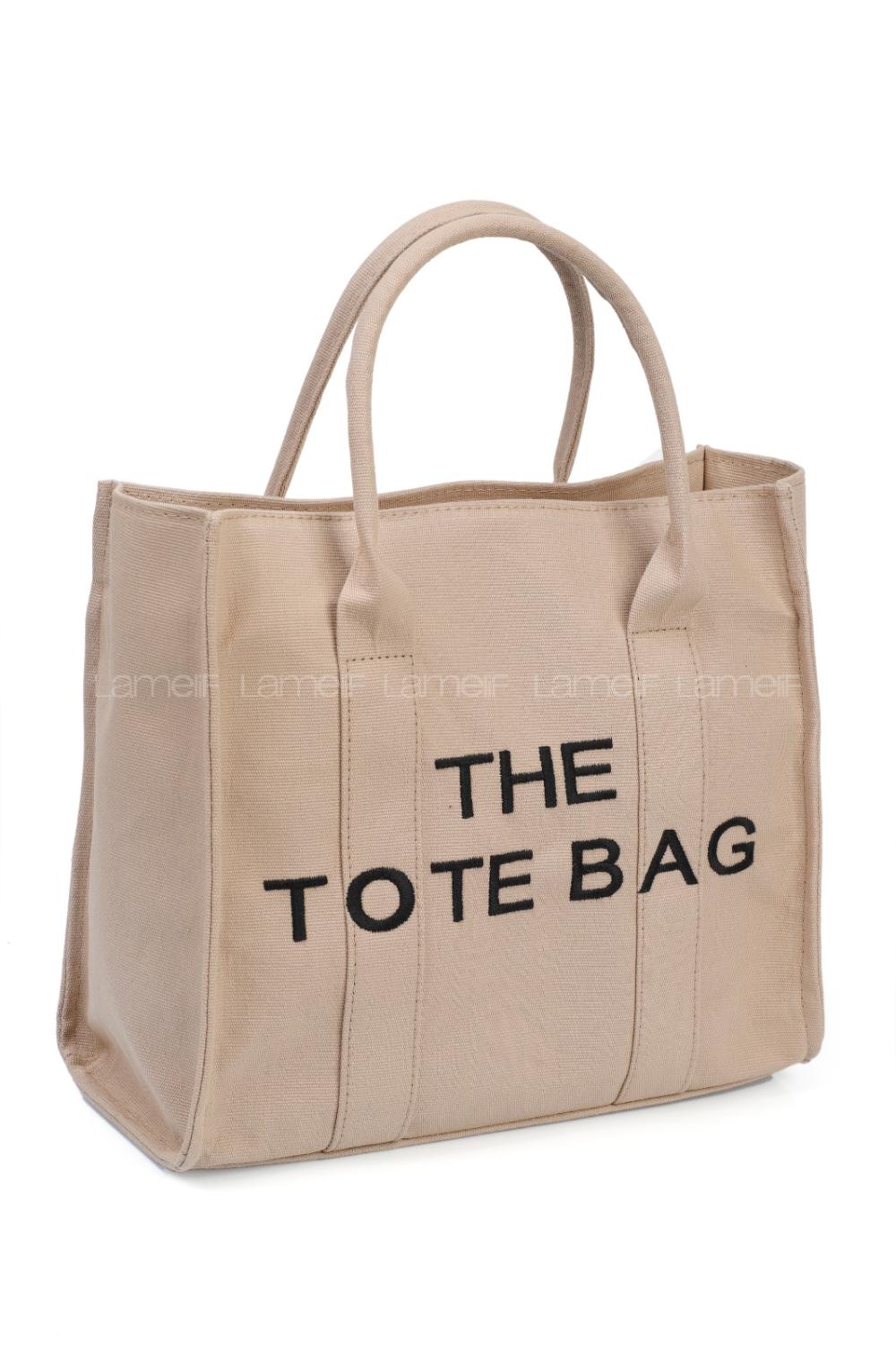 Lamelif Tote Bag Nakışlı Kanvas Kumaş Kadın Çanta Vizonrengi