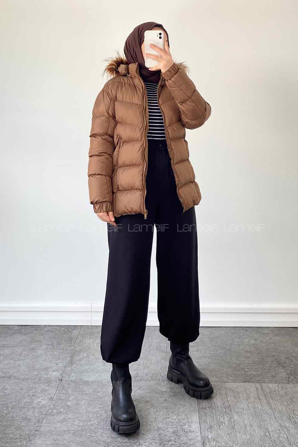 Lamelif Vladya Kapüşon Kürk Detaylı Şişme Mont Vizonrengi