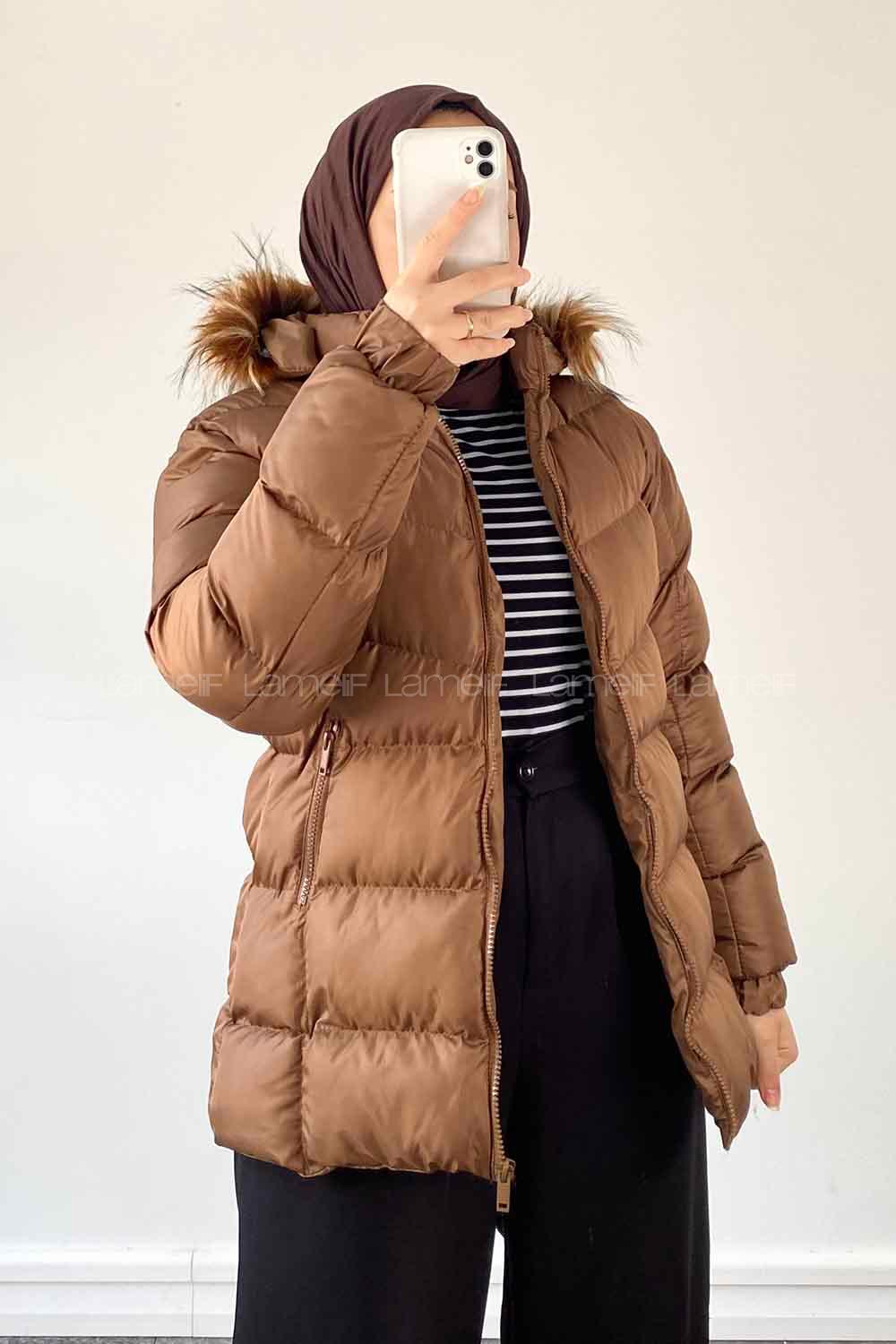 Lamelif Vladya Kapüşon Kürk Detaylı Şişme Mont Vizonrengi