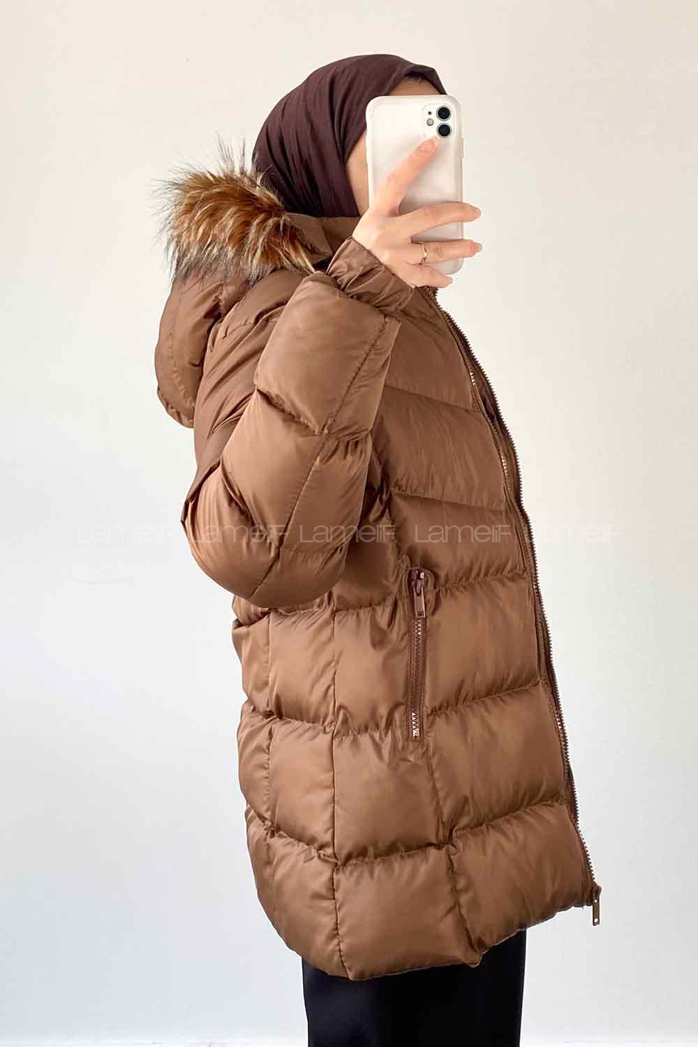 Lamelif Vladya Kapüşon Kürk Detaylı Şişme Mont Vizonrengi