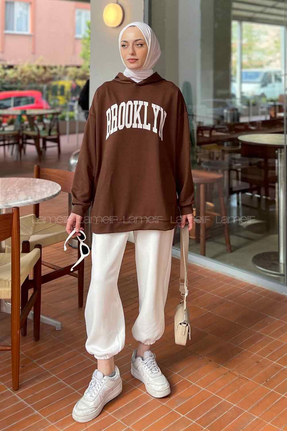 Lamelif Brooklyn Baskı Detaylı Kapüşonlu Sweatshirt Acı Kahve