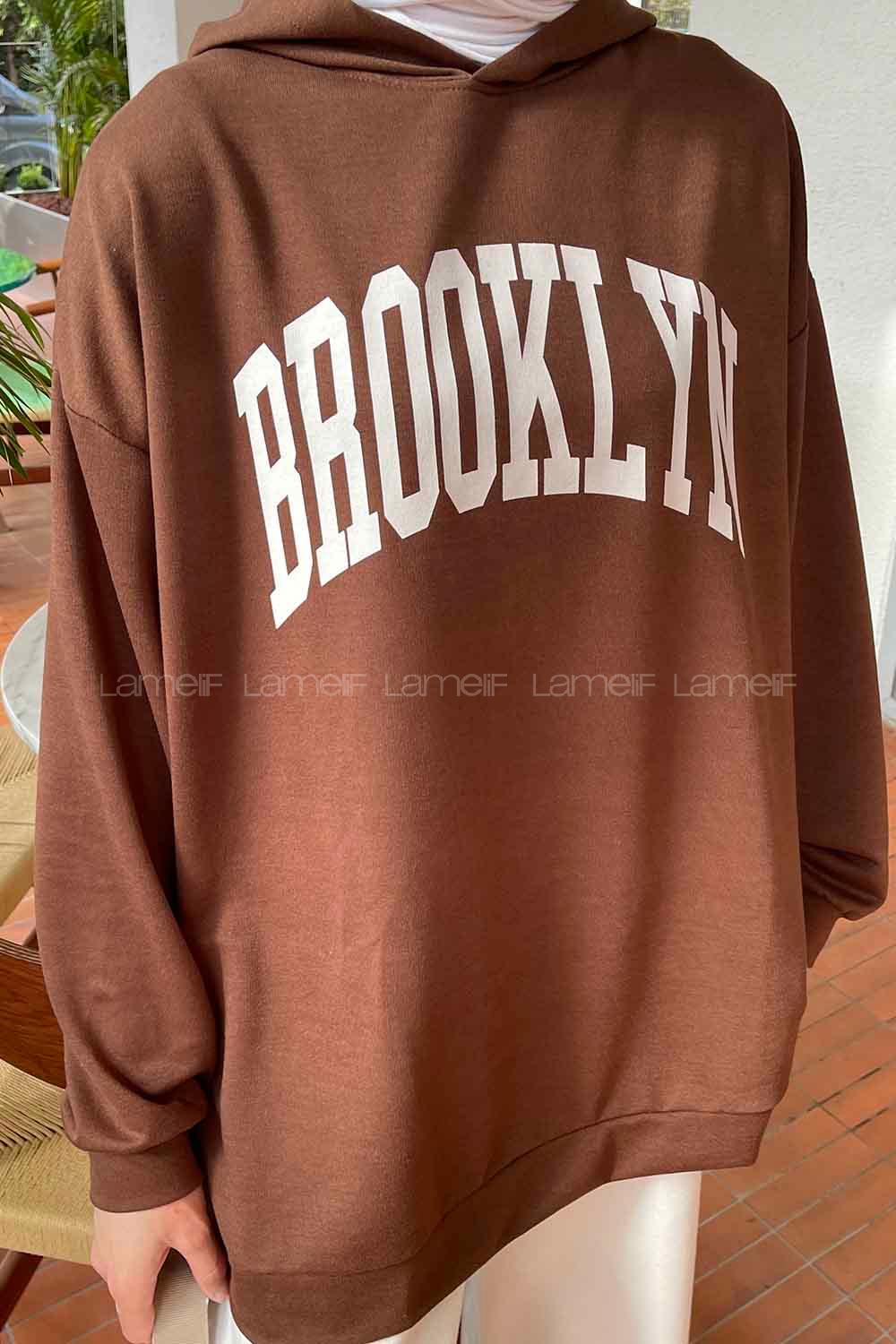Lamelif Brooklyn Baskı Detaylı Kapüşonlu Sweatshirt Acı Kahve