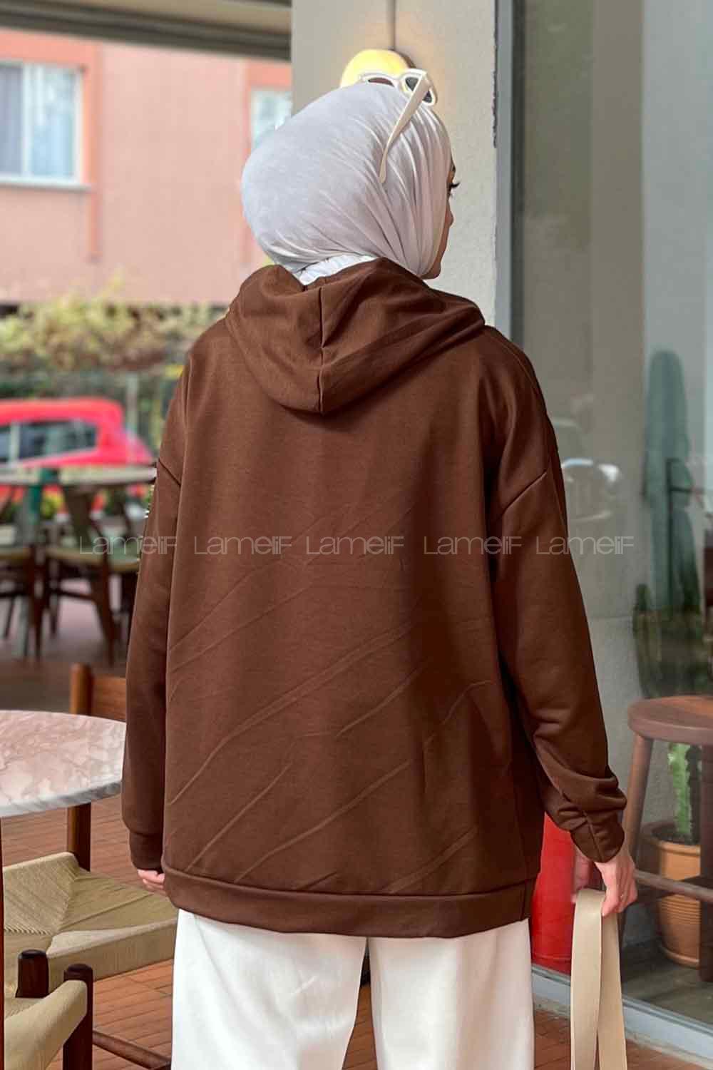 Lamelif Brooklyn Baskı Detaylı Kapüşonlu Sweatshirt Acı Kahve