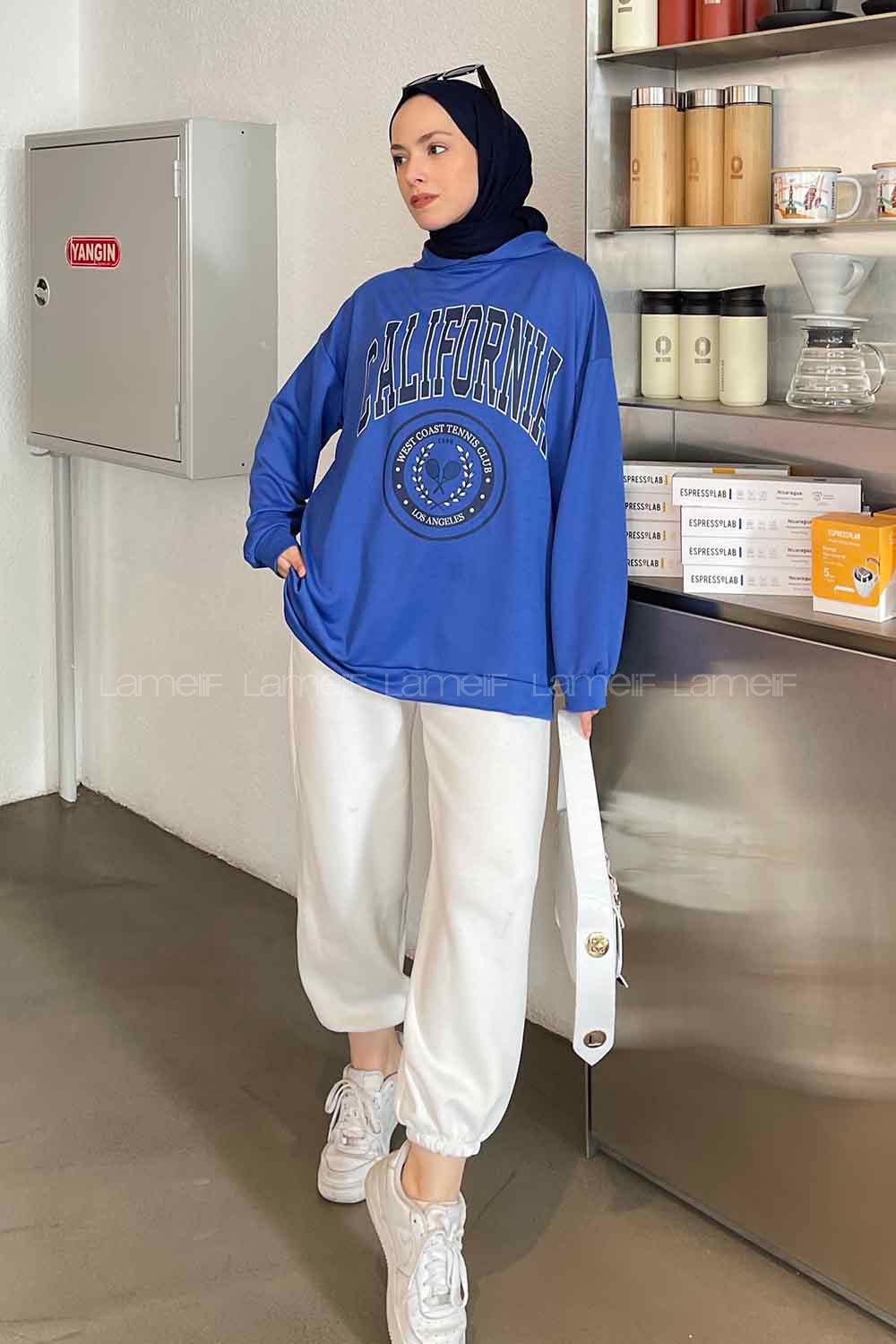 Lamelif California Baskı Detaylı Kapüşonlu Sweatshirt Saks Mavisi