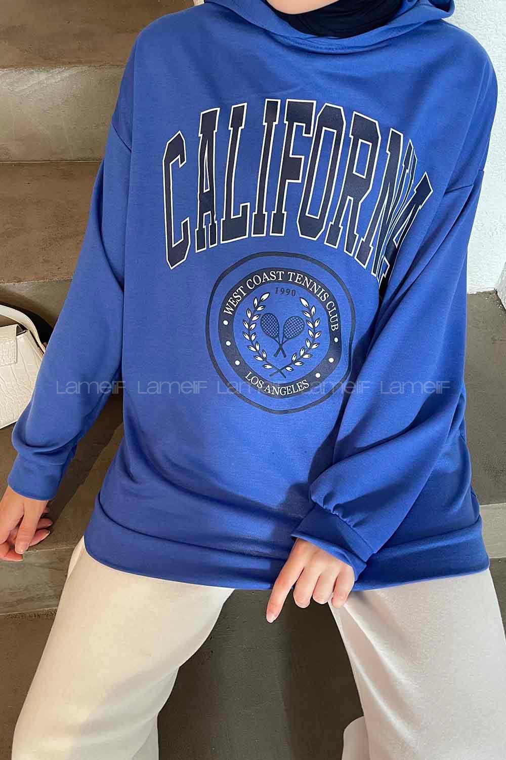Lamelif California Baskı Detaylı Kapüşonlu Sweatshirt Saks Mavisi