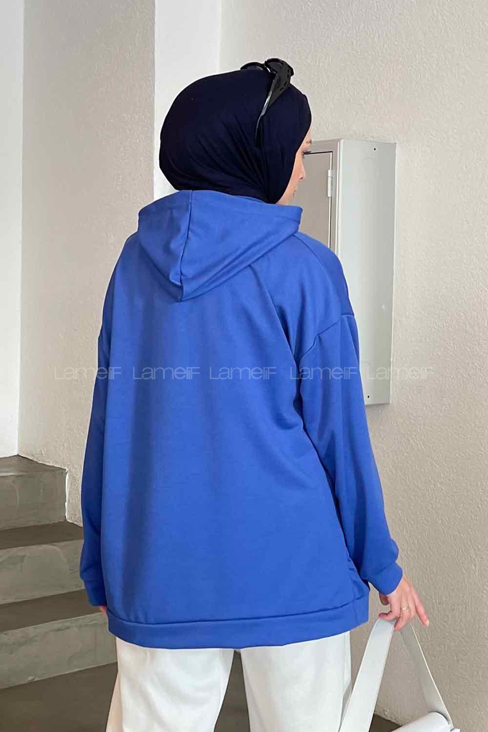 Lamelif California Baskı Detaylı Kapüşonlu Sweatshirt Saks Mavisi