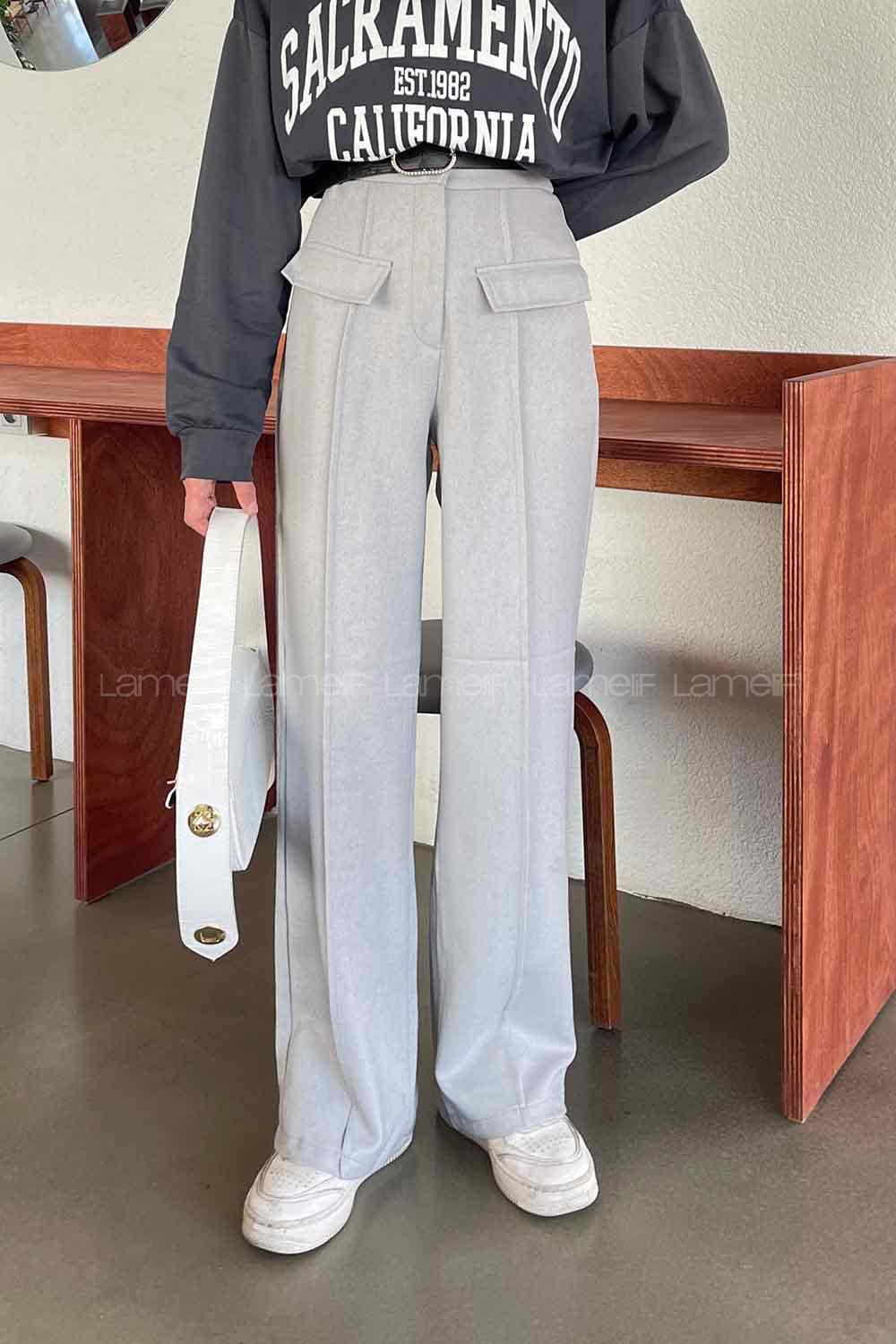 Light Grey Wool Cotton Normal Waist Linen Pants