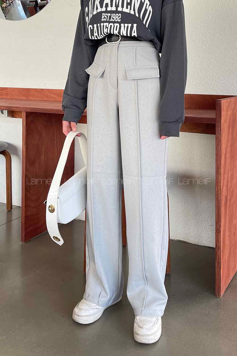 Light Grey Wool Cotton Normal Waist Linen Pants