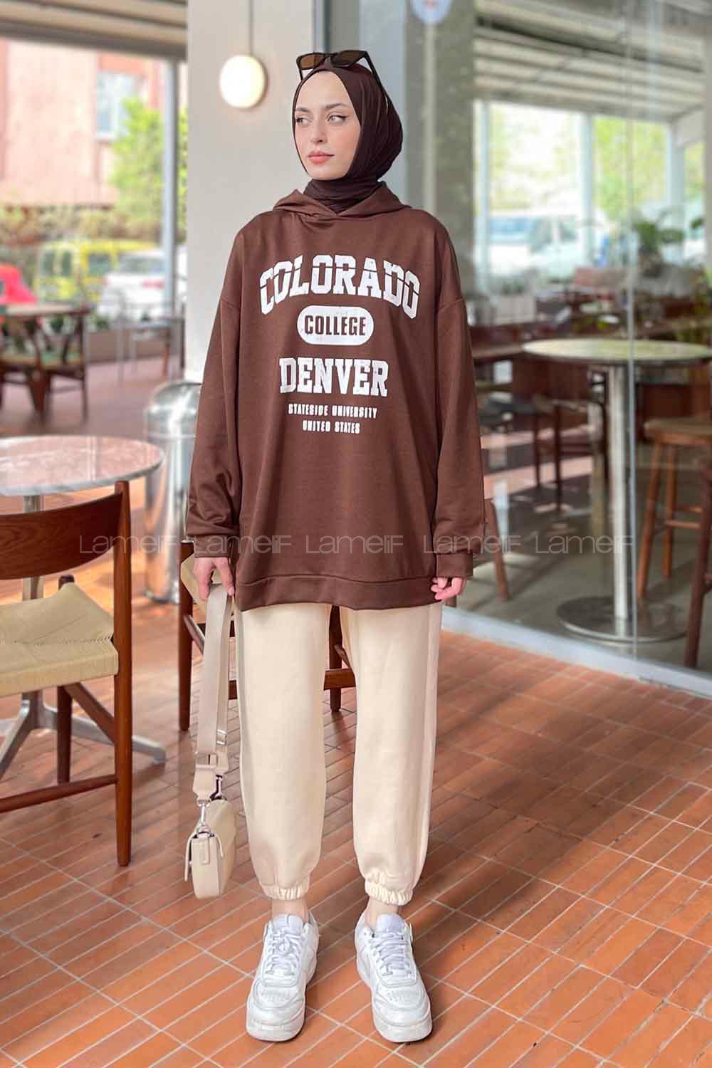 Lamelif Colorado Baskı Detaylı Kapüşonlu Sweatshirt Acı Kahve