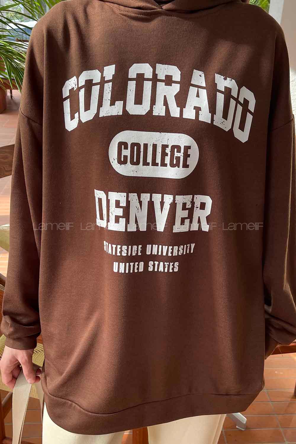 Lamelif Colorado Baskı Detaylı Kapüşonlu Sweatshirt Acı Kahve