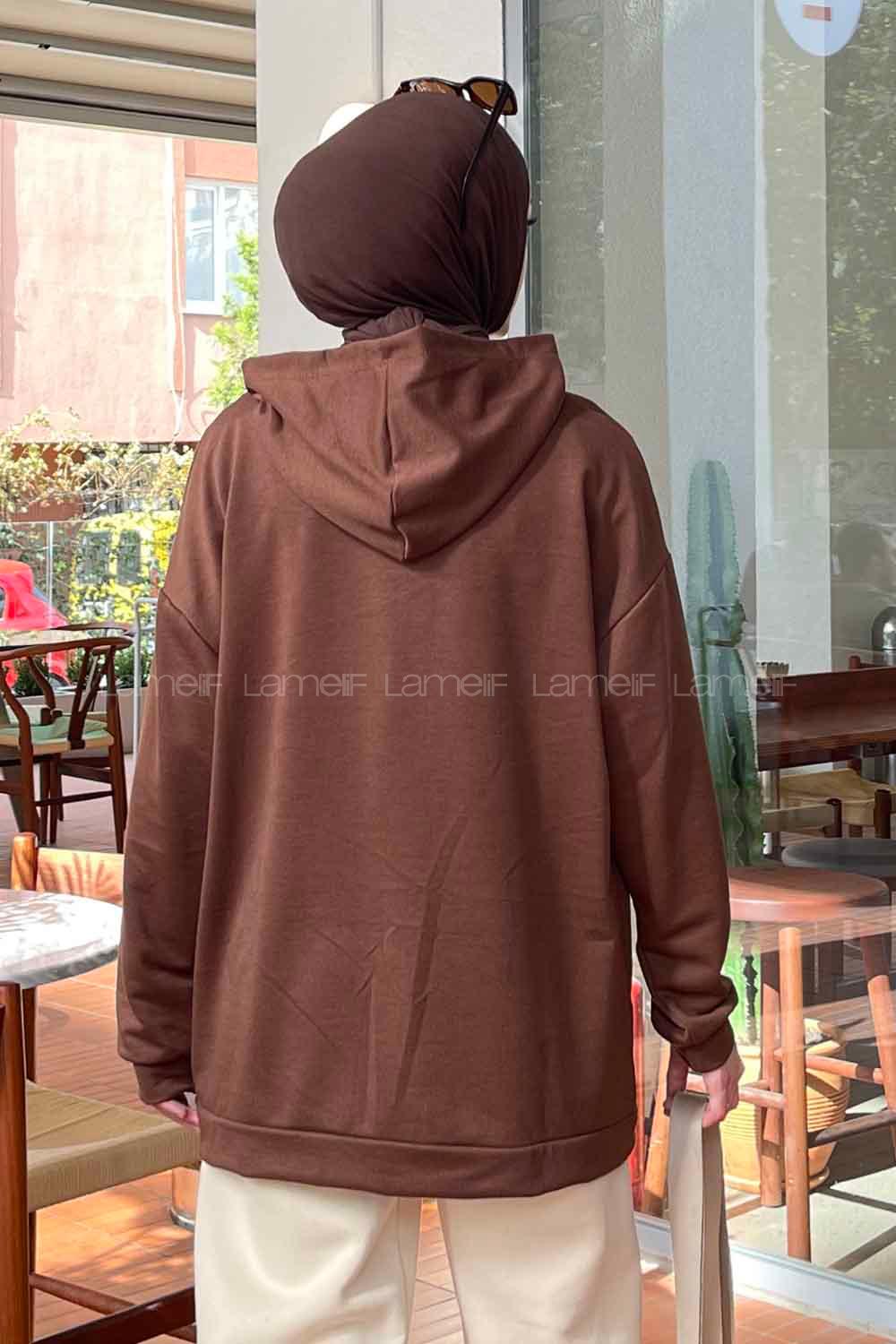 Lamelif Colorado Baskı Detaylı Kapüşonlu Sweatshirt Acı Kahve