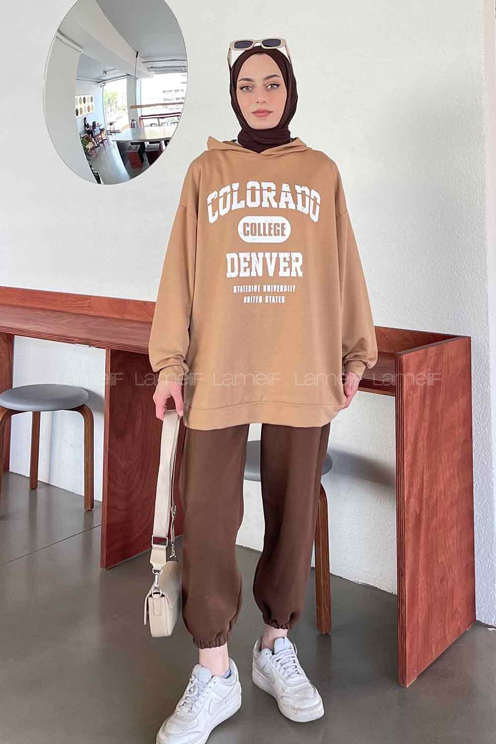 Camel Hood Neck Long Arm Printed Sweatshirt