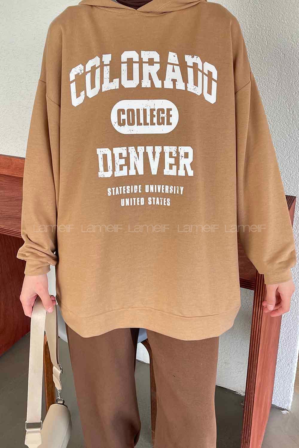 Camel Hood Neck Long Arm Printed Sweatshirt