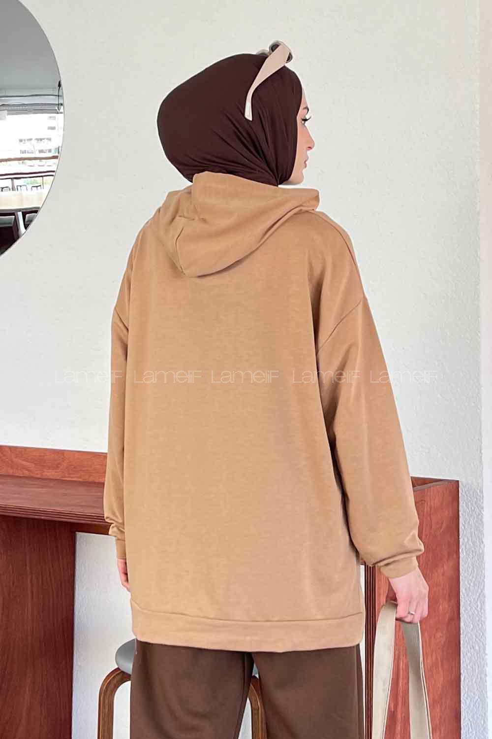 Camel Hood Neck Long Arm Printed Sweatshirt