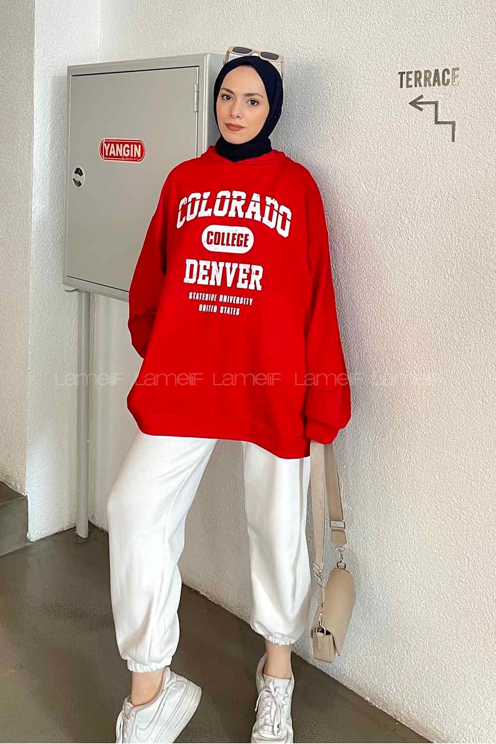 Red Hood Neck Long Arm Printed Sweatshirt