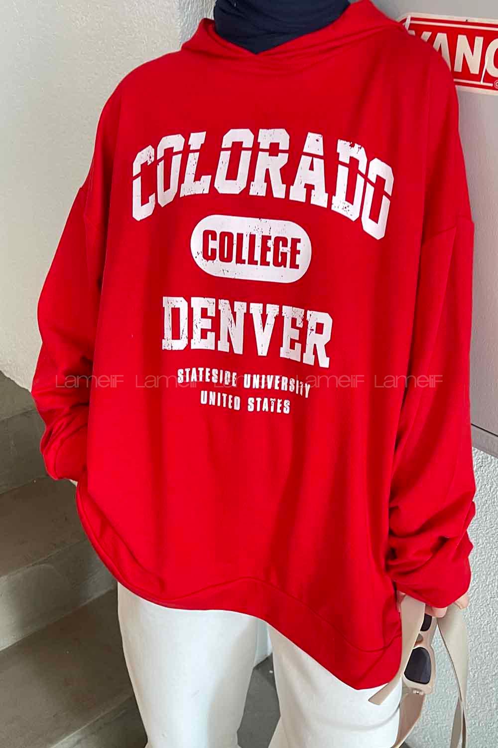 Red Hood Neck Long Arm Printed Sweatshirt