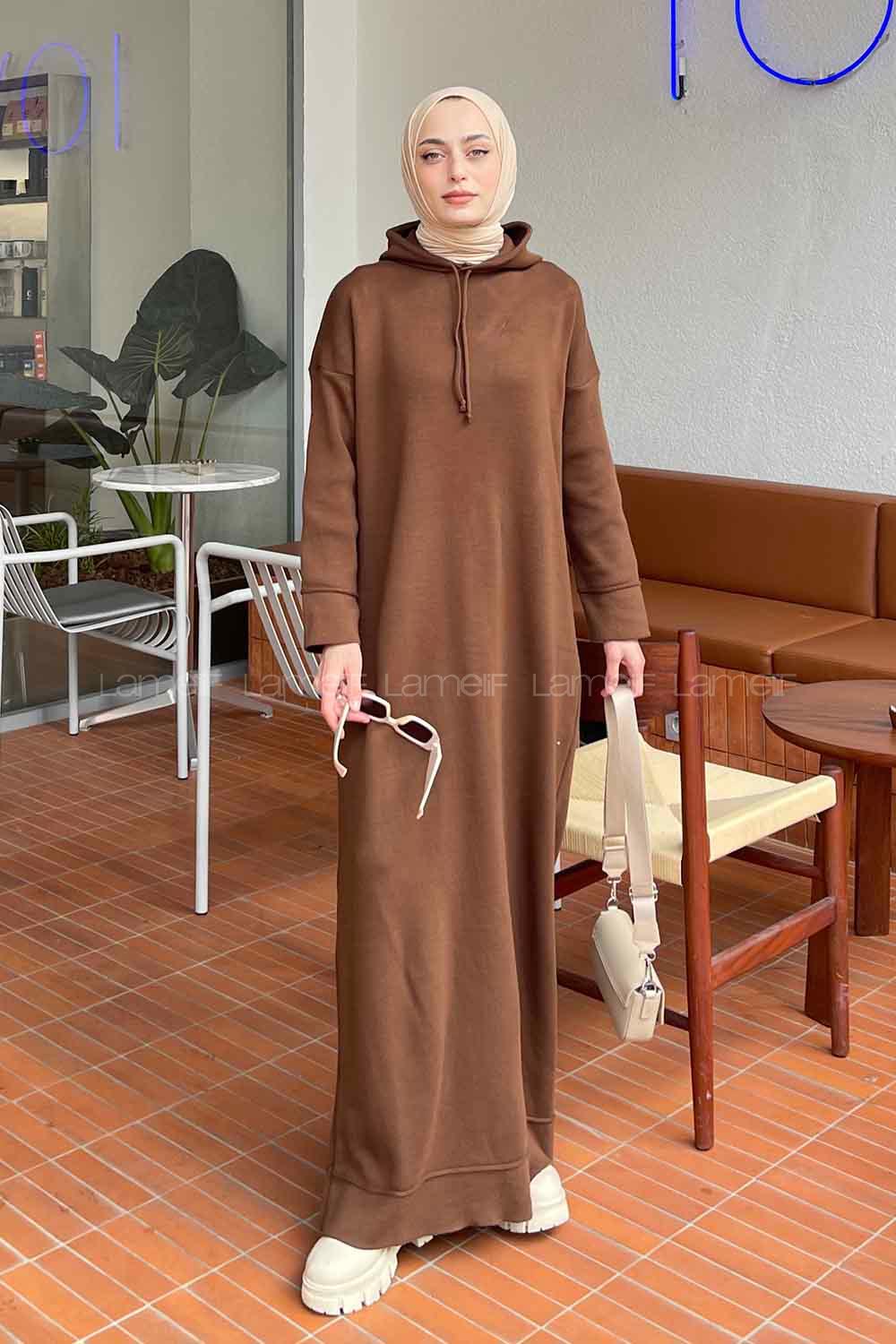 Bitter Brown Hood Neck Knitwear Unprinted Dresess