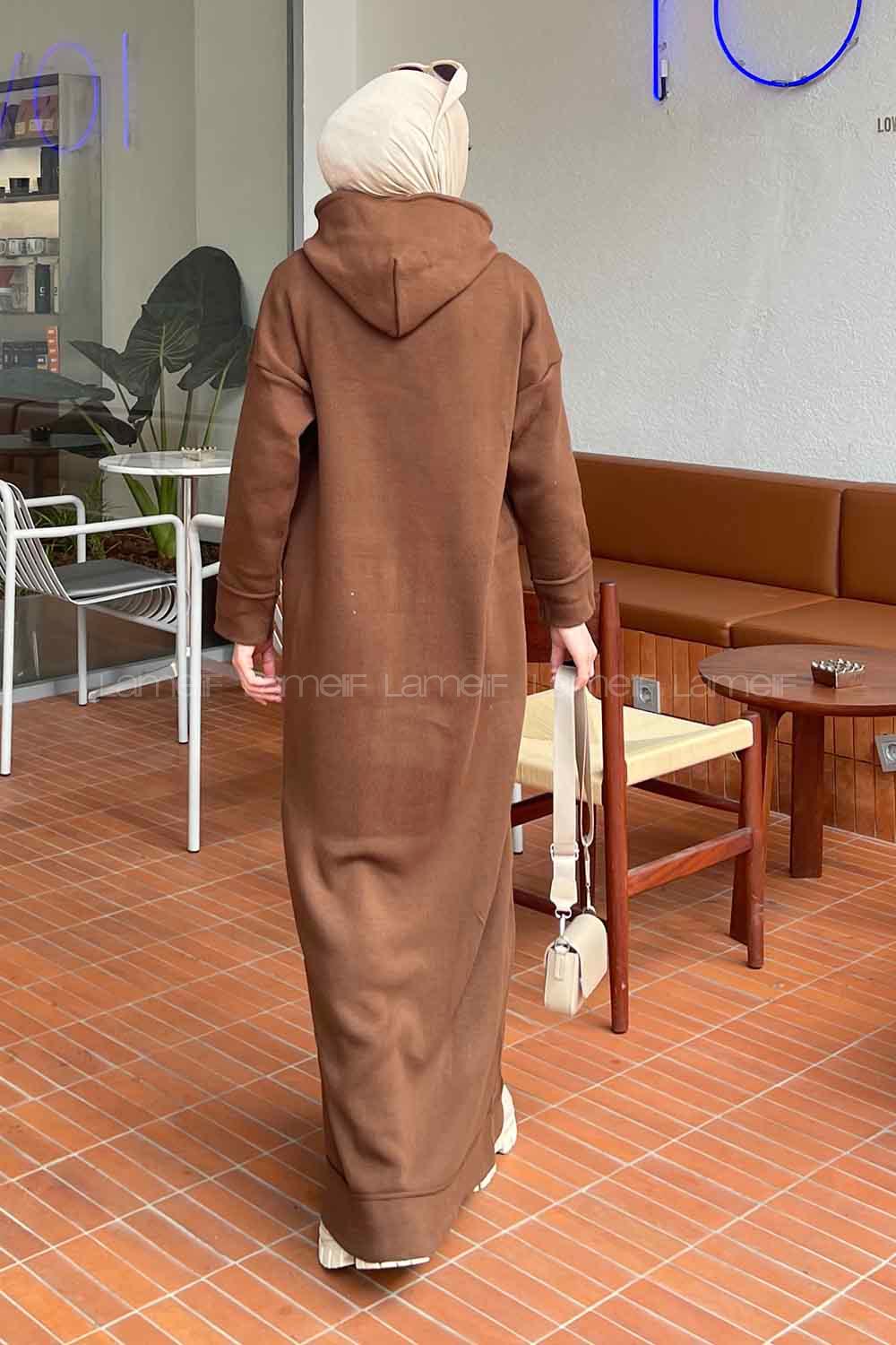 Bitter Brown Hood Neck Knitwear Unprinted Dresess