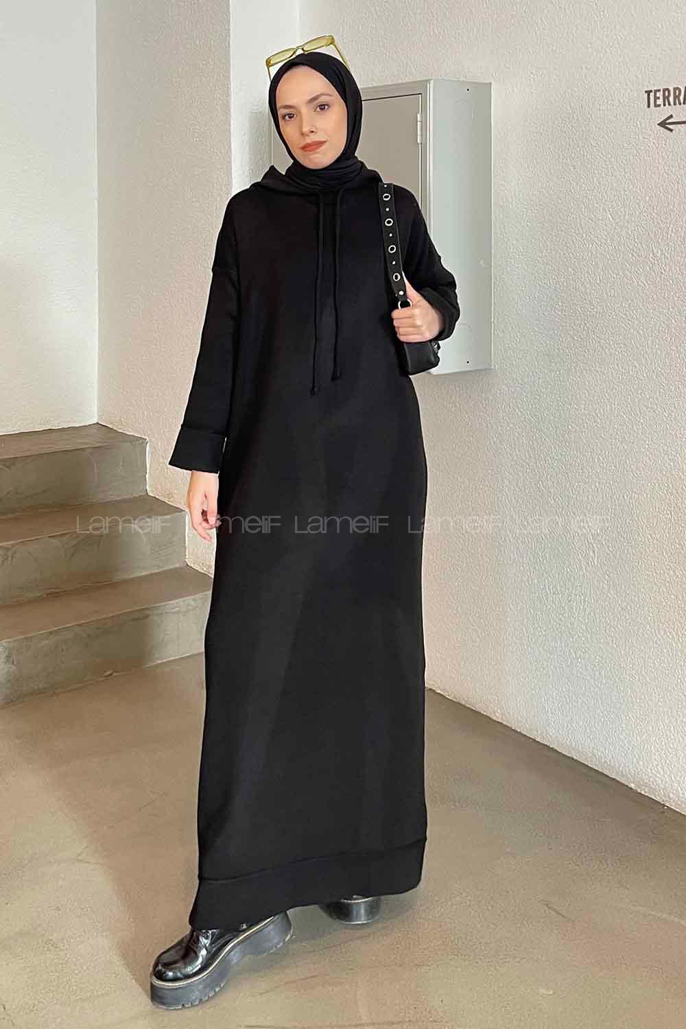 Lamelif Kapşonlu Triko Elbise Siyah