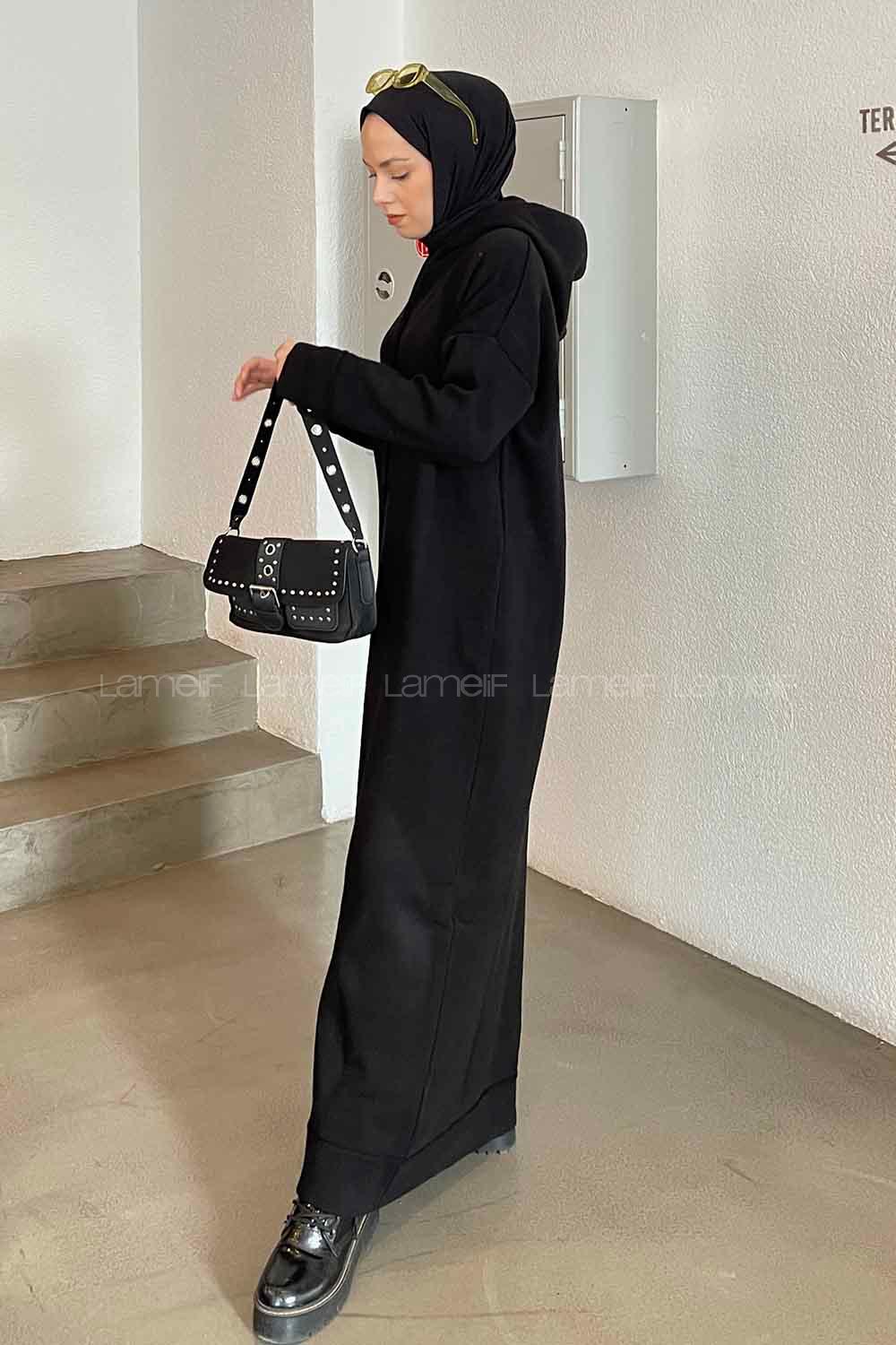 Lamelif Kapşonlu Triko Elbise Siyah