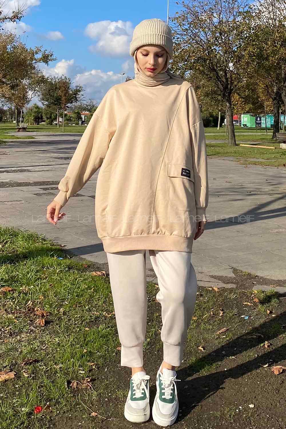 Beige Crew Neck Cotton Fabric Unprinted Tunic