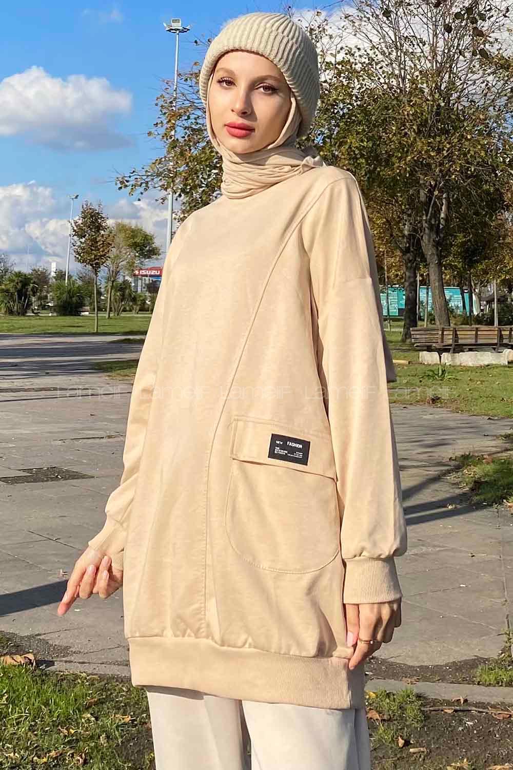 Beige Crew Neck Cotton Fabric Unprinted Tunic