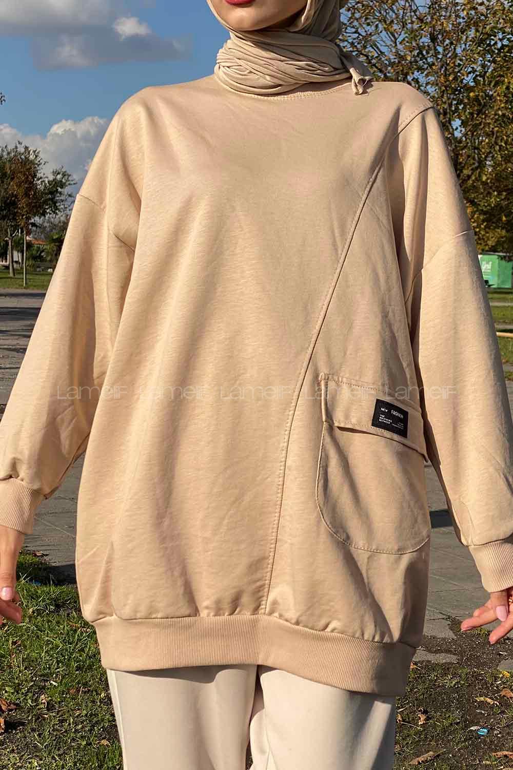 Beige Crew Neck Cotton Fabric Unprinted Tunic