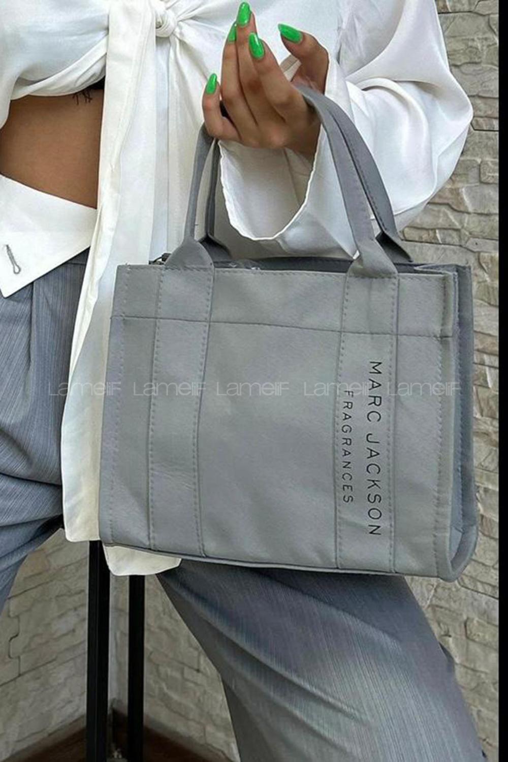 Lamelif Kanvas Kumaş Siyah Çapraz Çanta Kadın Gri