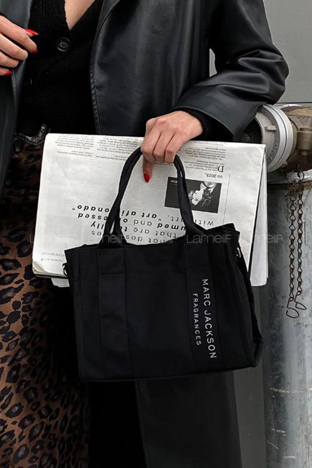 Lamelif Kanvas Kumaş Siyah Çapraz Çanta Kadın Siyah