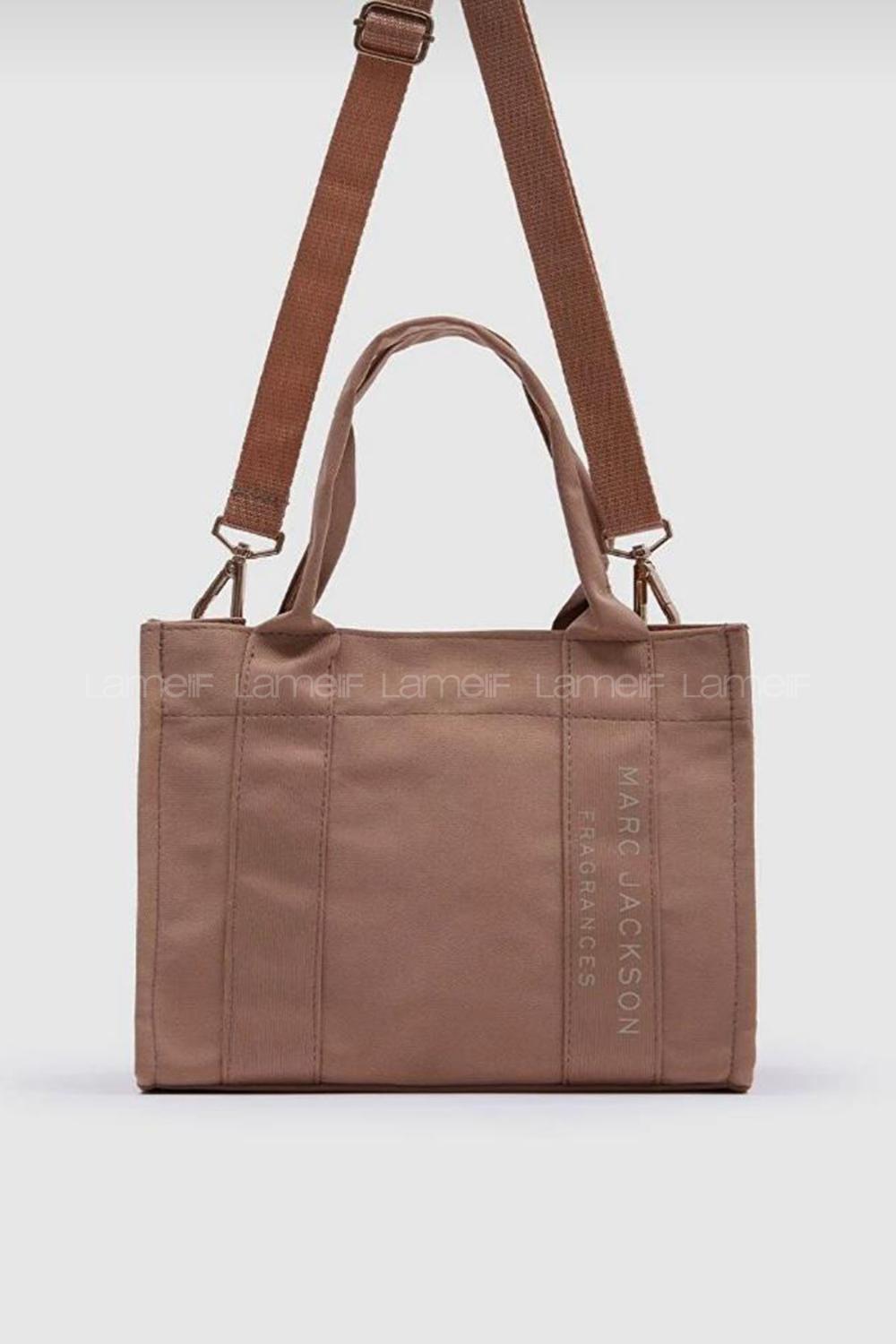 Lamelif Kanvas Kumaş Siyah Çapraz Çanta Kadın Vizonrengi