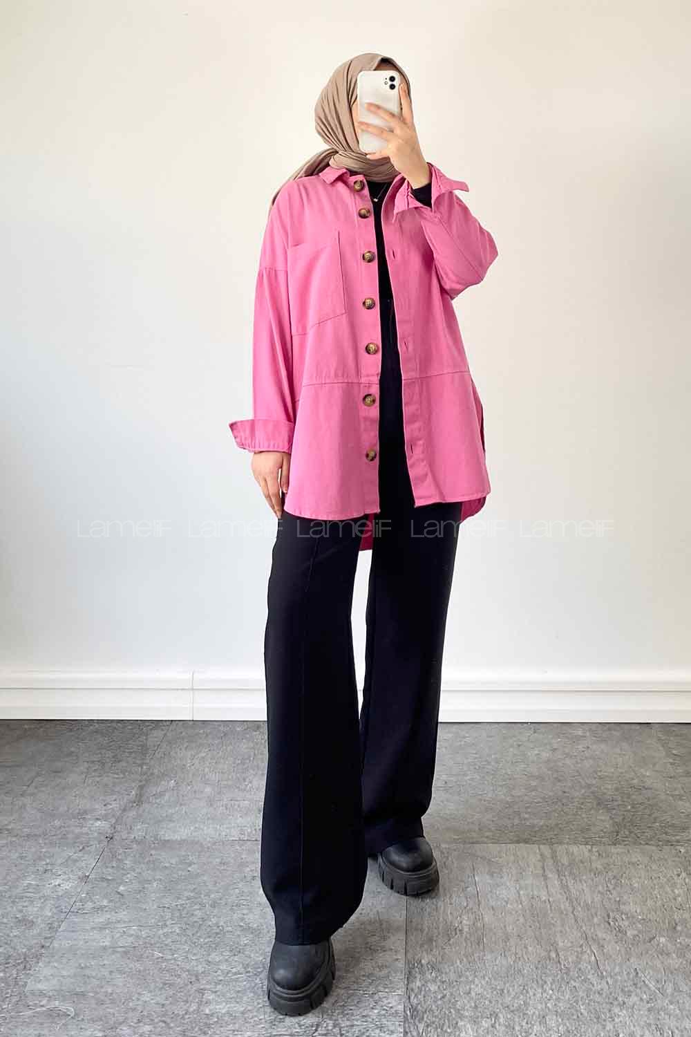 Pink Shirt Collar Long Arm Cotton Fabric Jacket