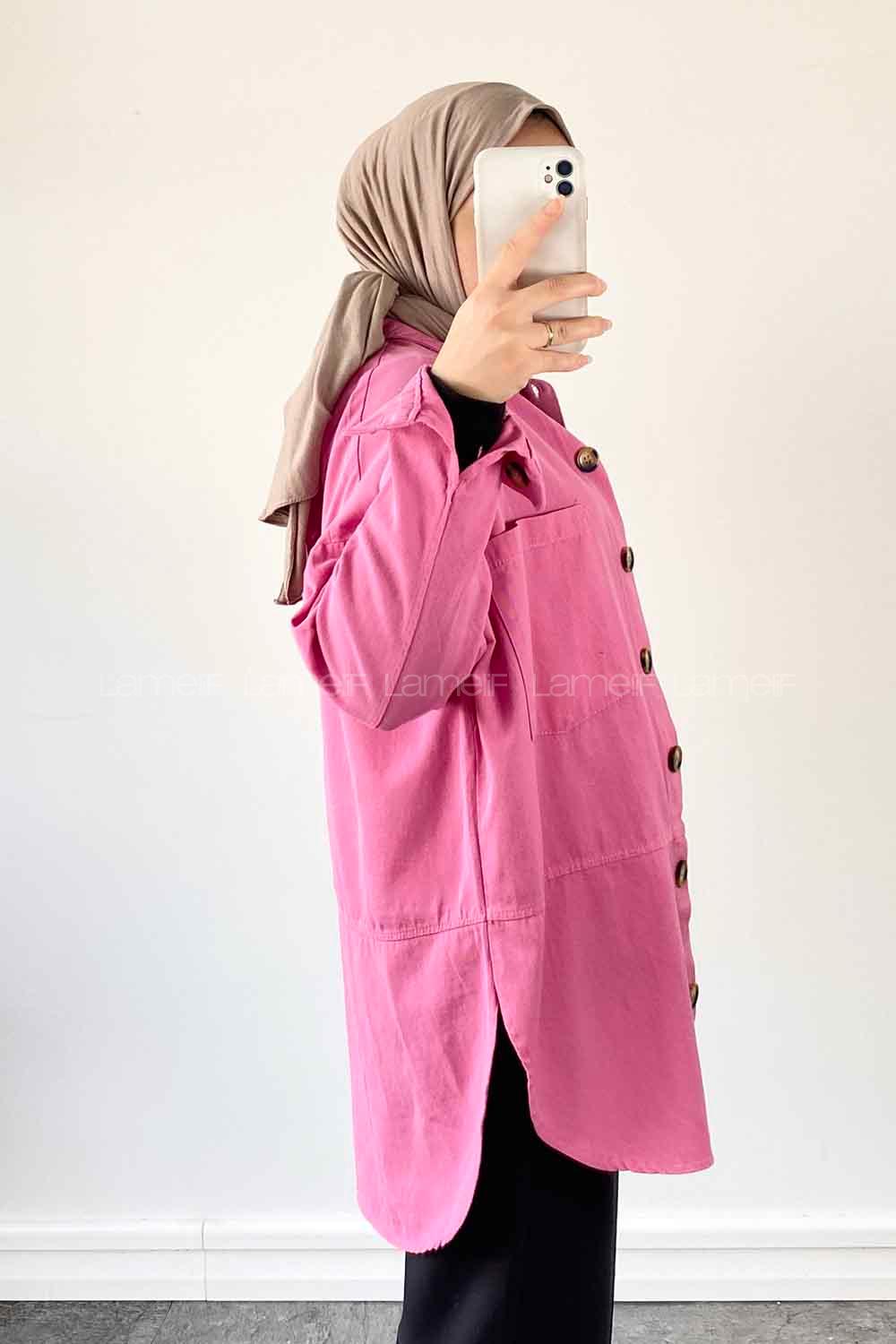 Pink Shirt Collar Long Arm Cotton Fabric Jacket