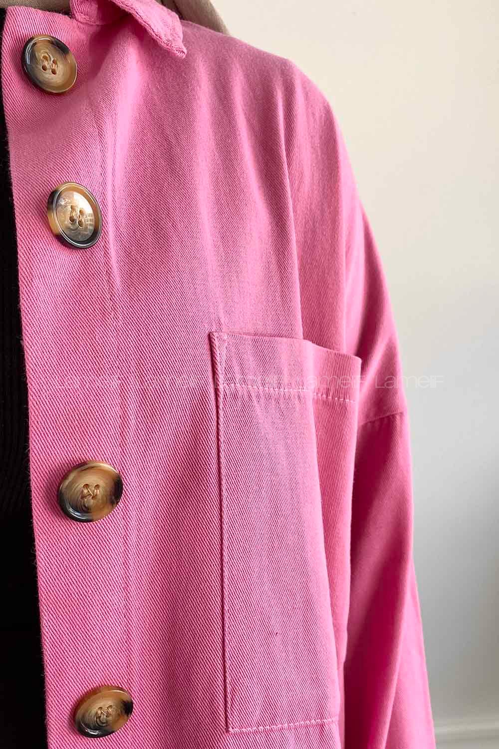 Pink Shirt Collar Long Arm Cotton Fabric Jacket