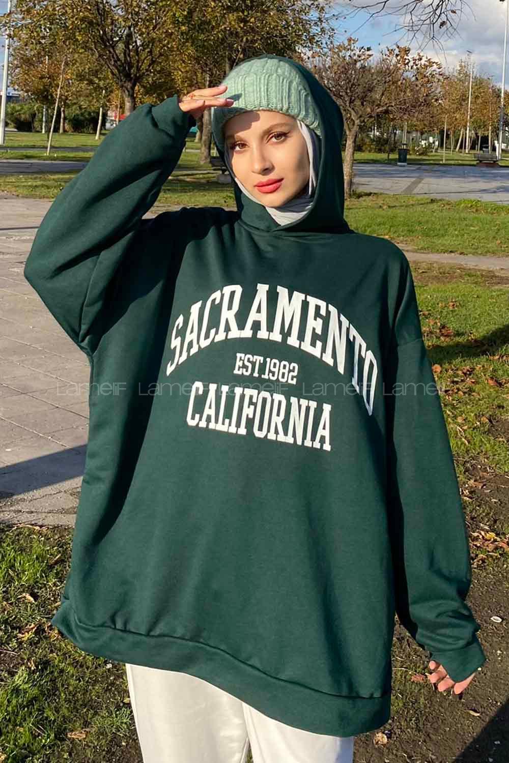 Emerald Green Hood Neck Long Arm Printed Sweatshirt