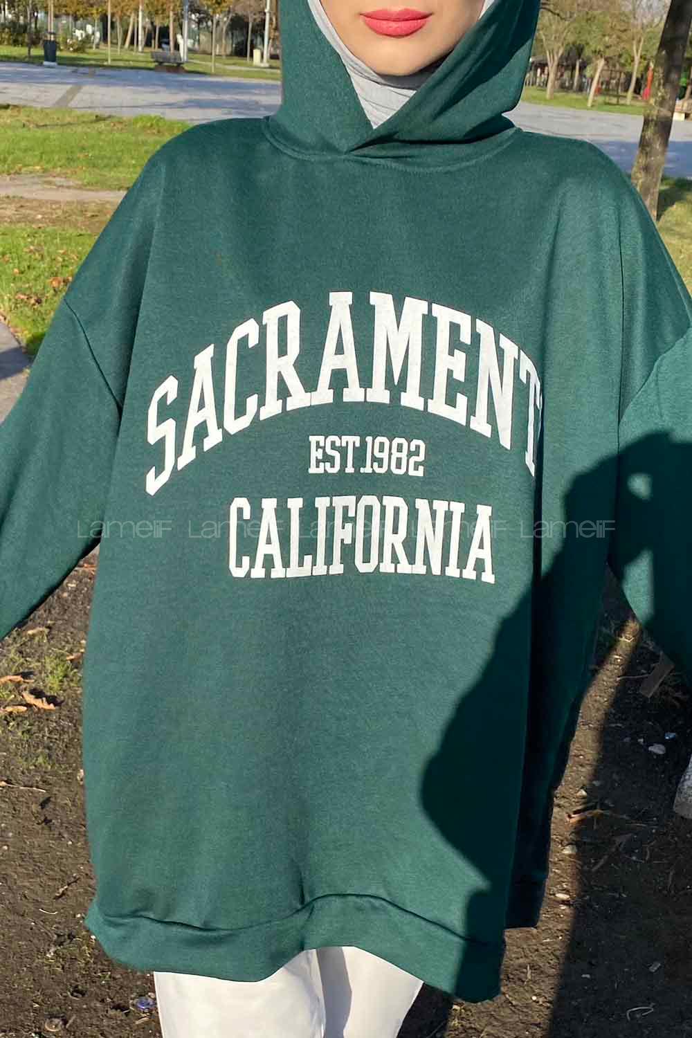 Emerald Green Hood Neck Long Arm Printed Sweatshirt